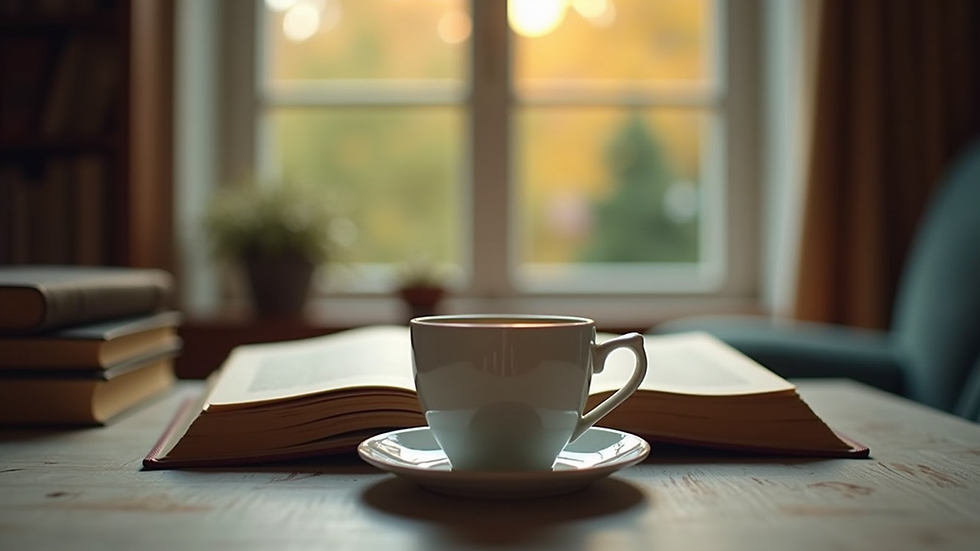 Eye-level view of a cozy reading nook with books and a cup of tea