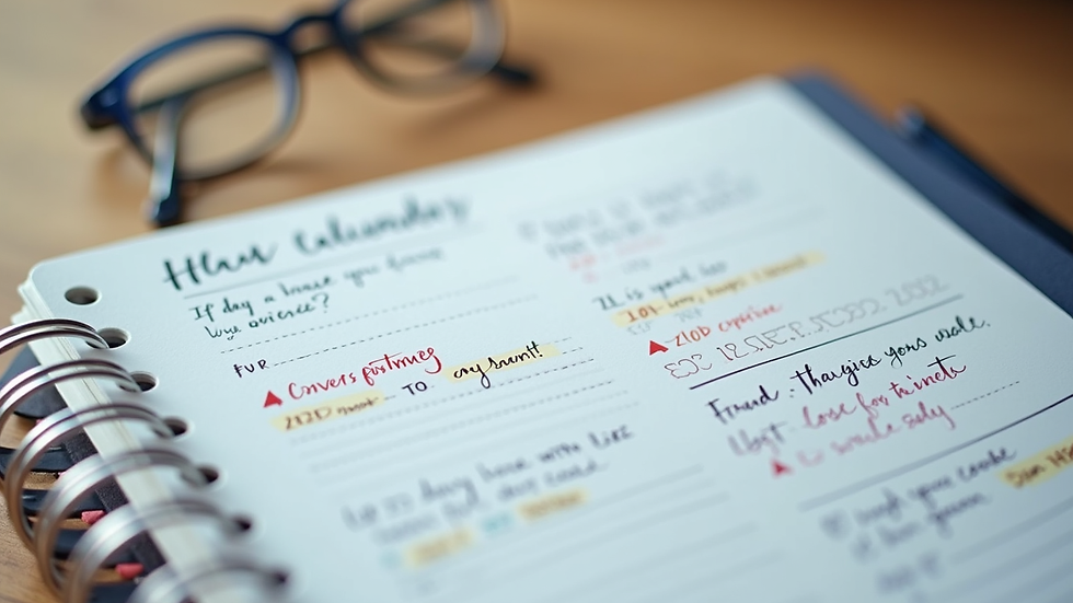 Close-up view of a calendar planner with notes and motivational quotes
