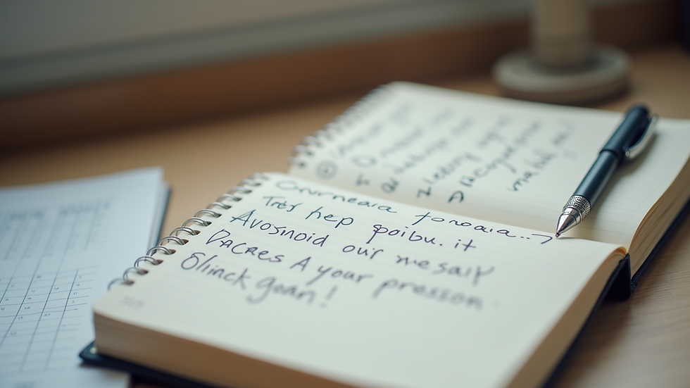 Close-up view of a journal with a pen and motivational notes