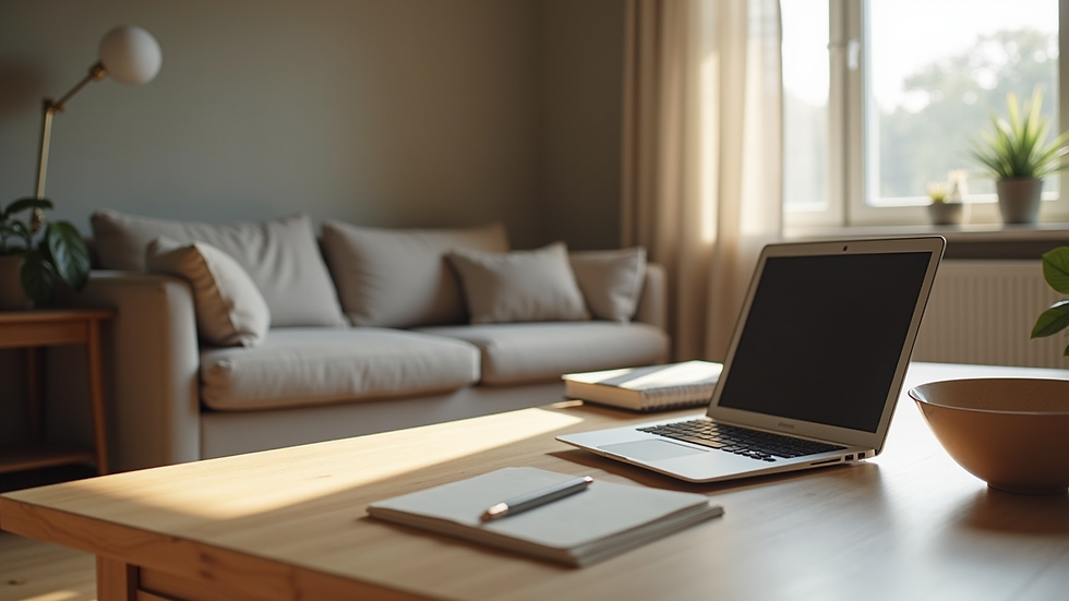 Close-up view of a cozy home office setup for virtual coaching