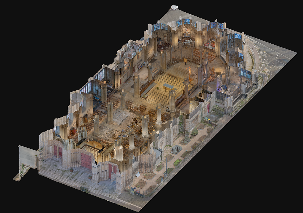 Coupe du modèle 3D texturé du niveau R00 de la collégiale de Mantes-la-Jolie issue d’un relevé photogrammétrique