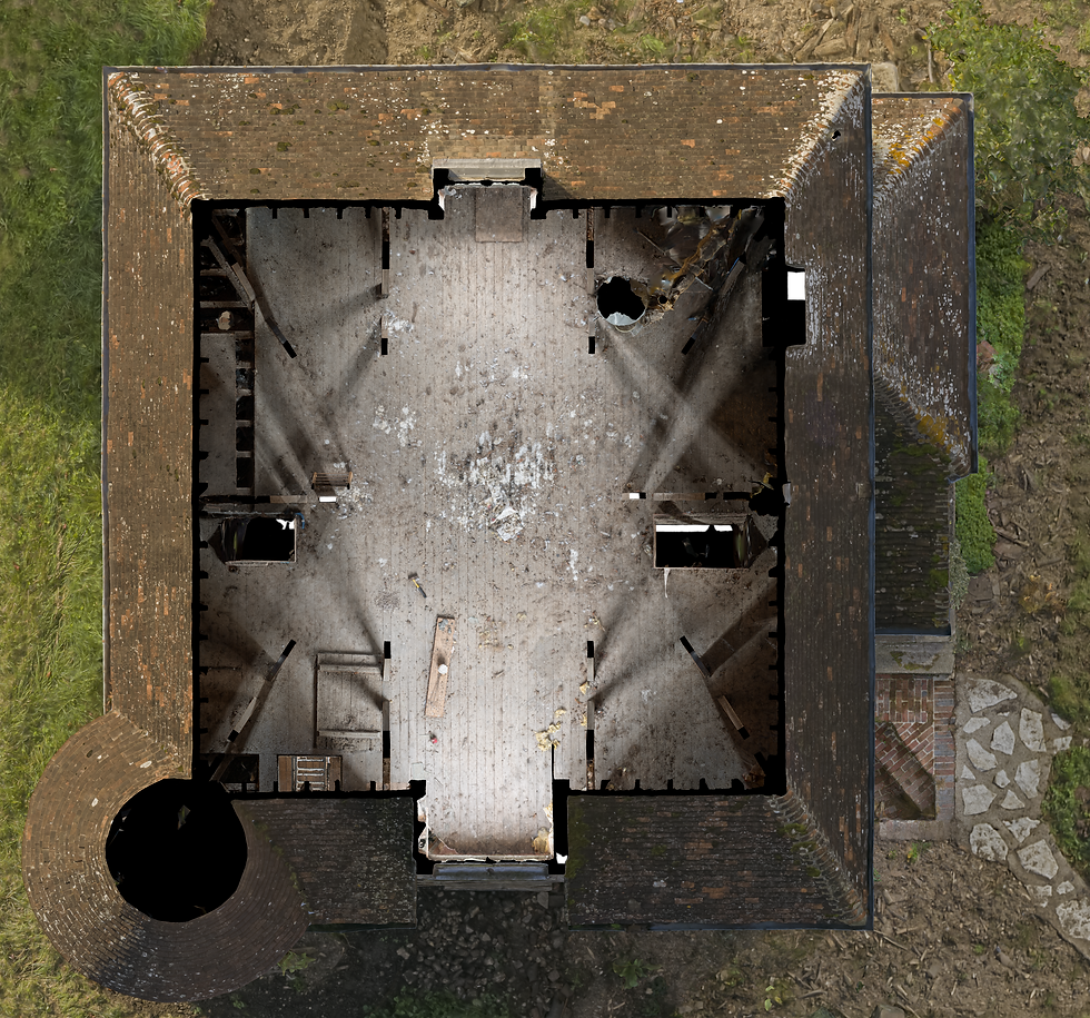 Plan orthophotographique des combles d’un vieux bâtiment normand réalisé par relevé photogrammétrique pour documentation du patrimoine