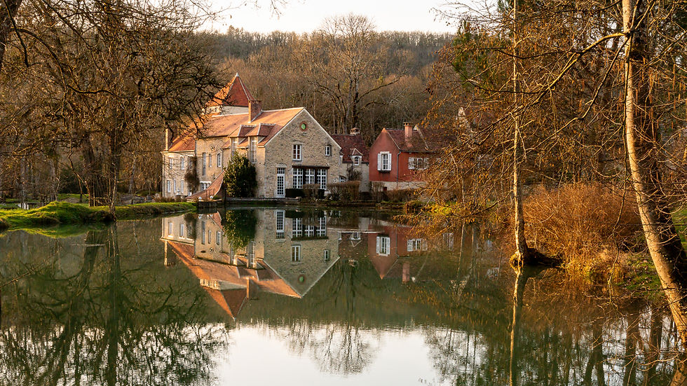 Photographie d’un bien immobilier de luxe avec son reflet dans un étang, réalisée pour un reportage photographique haut de gamme