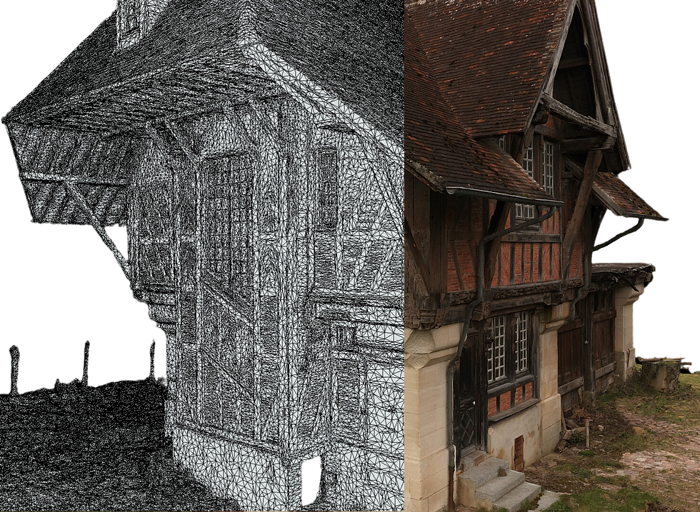 Représentation d’un bâtiment traditionnel normand avec visualisation du maillage 3D et de la texture issue d’un relevé photogrammétrique