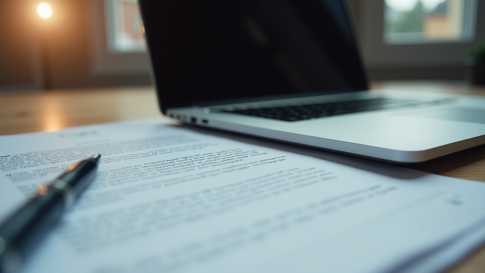 Eye-level view of a laptop on a desk with legal documents