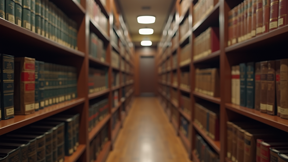 Eye-level view of a legal library with law books and documents