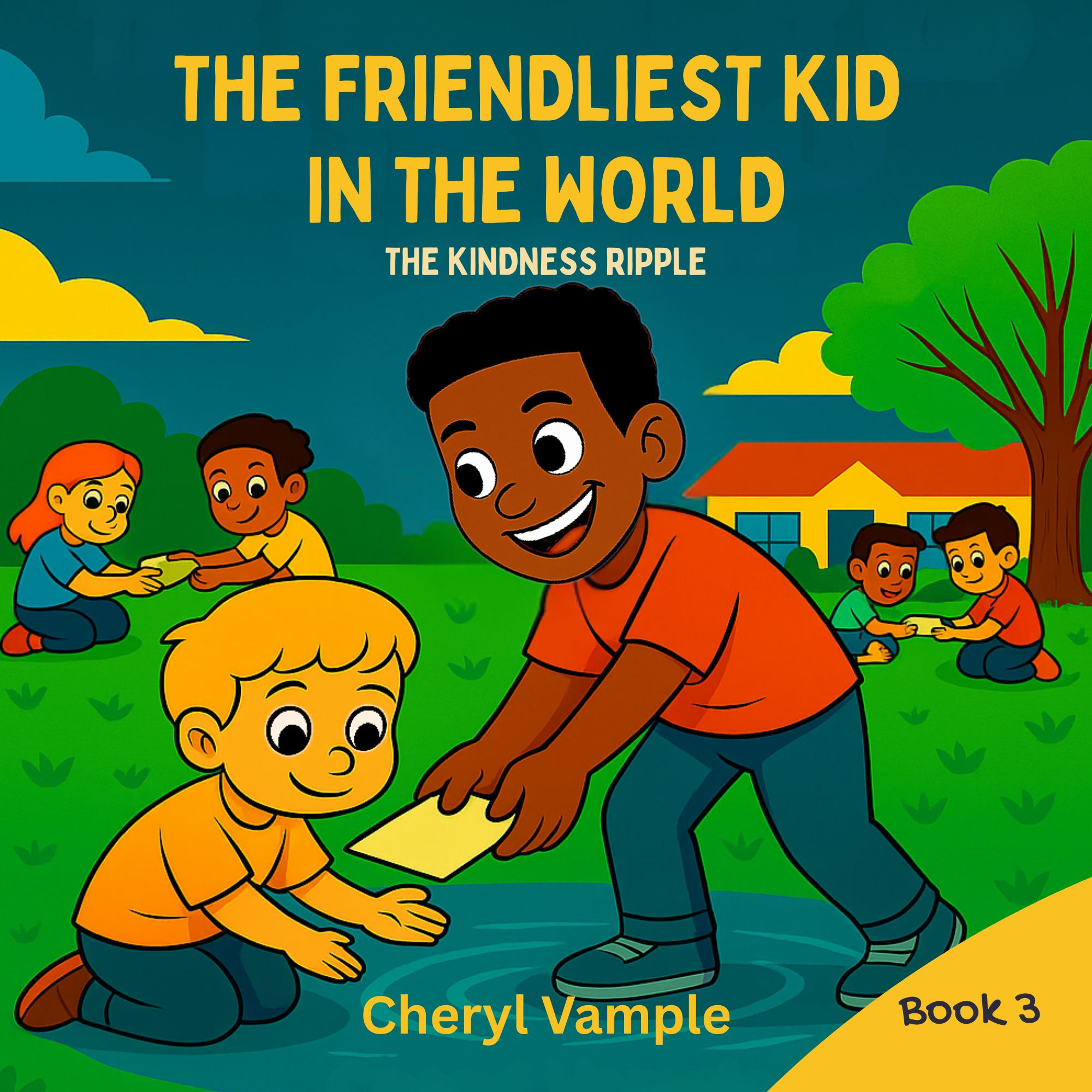 Cover of The Friendliest Kid in the World-Book 3, "The Kindness Ripple,"  illustrated with vibrant colors and Alex helping a friend (Jimmy).