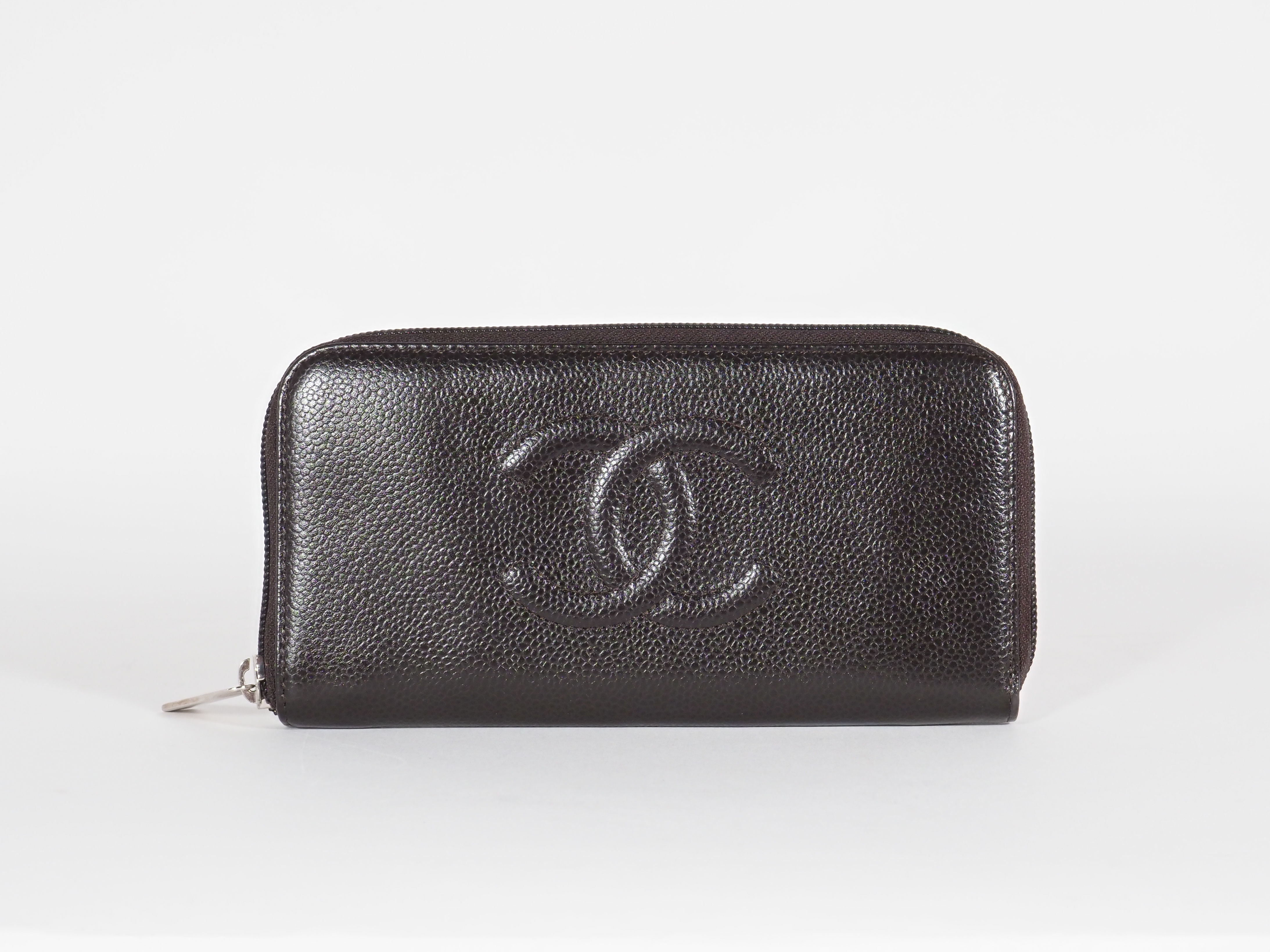 Chanel Timeless CC Dark Brown Caviar Leather Zip Around Long Wallet Box