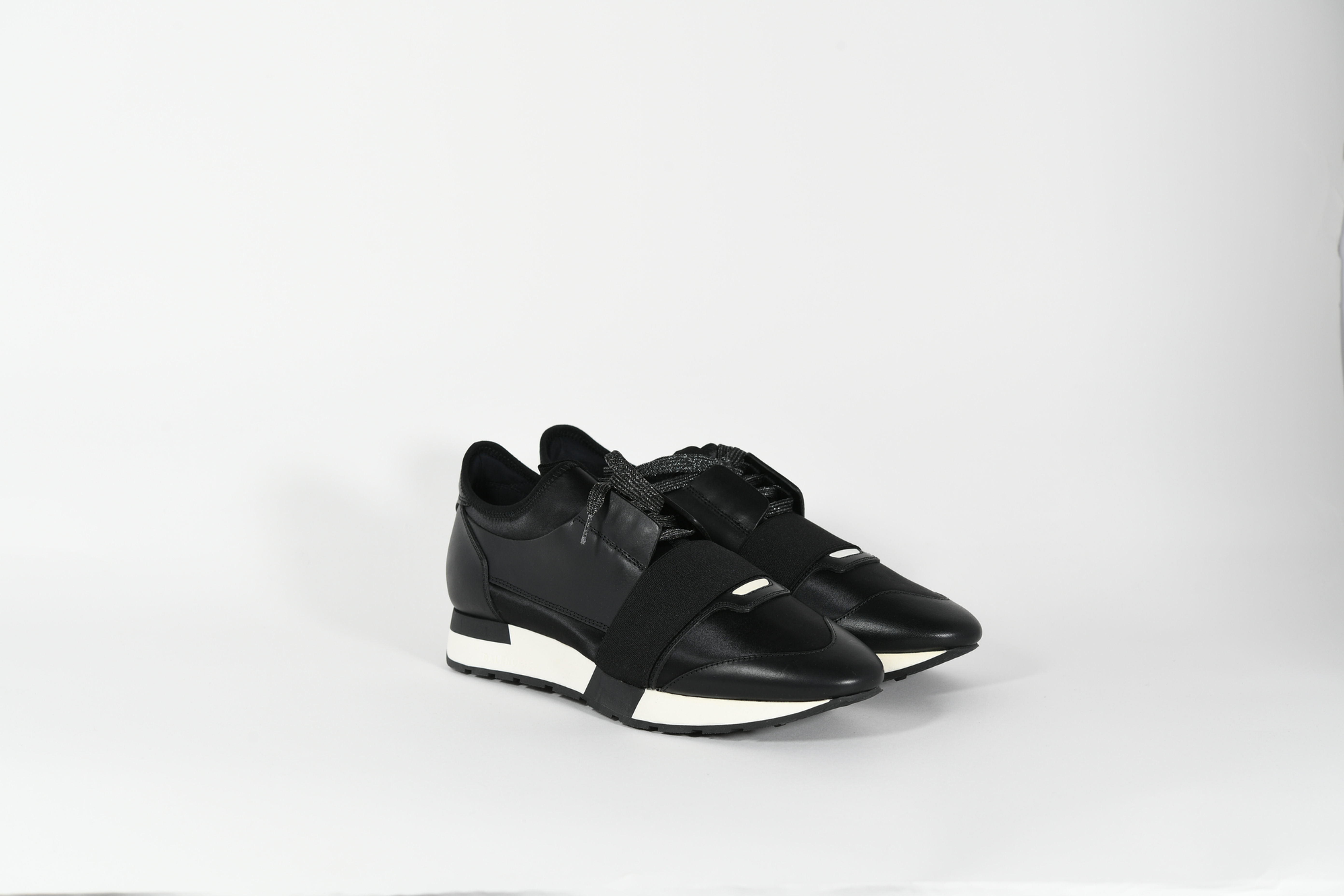 Balenciaga Race Runner Satin Sneakers Black Leather Size 10.5