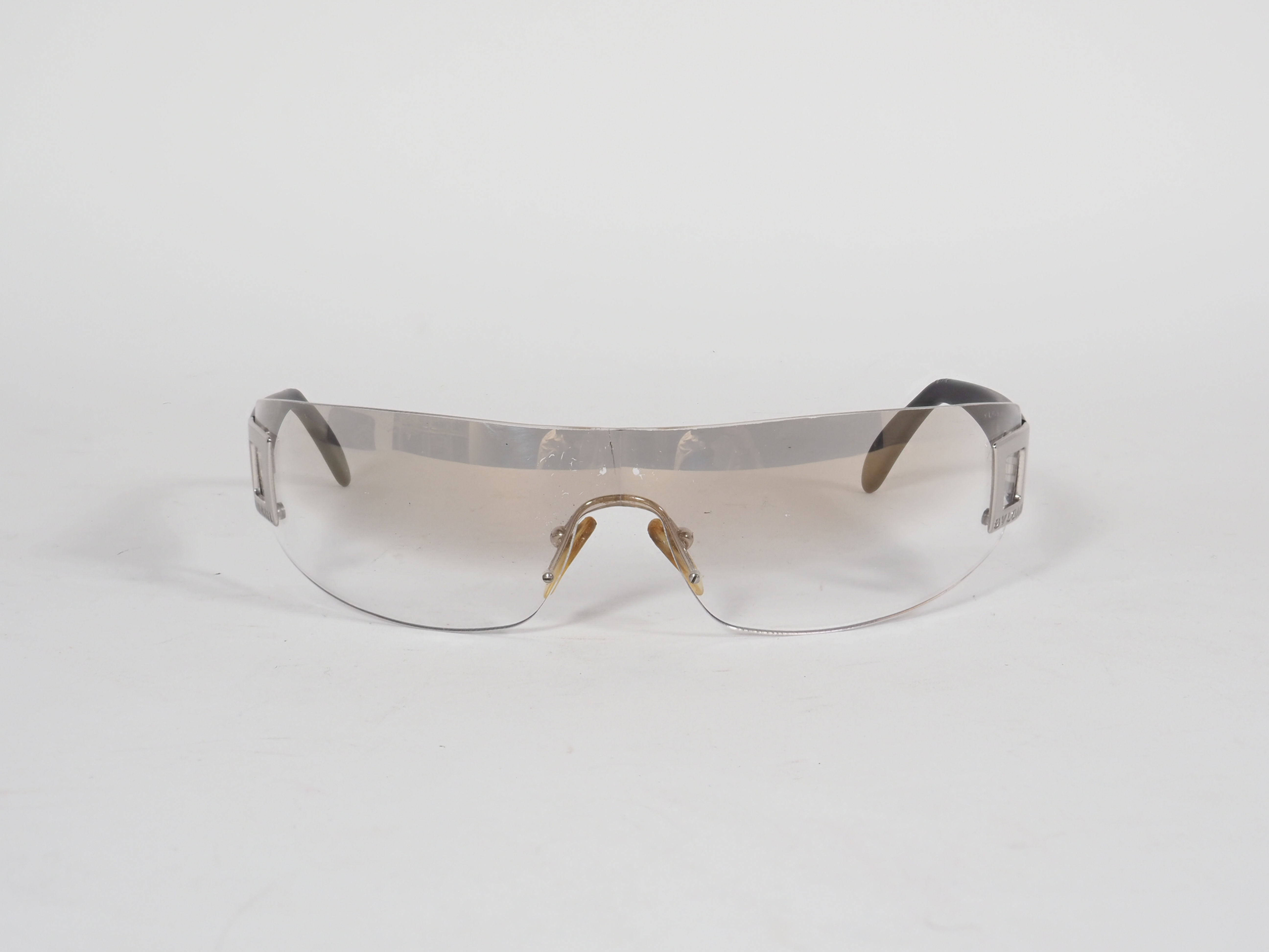 Bvlgari Rimless Shield Sunglasses Silver Black Wraparound Italy