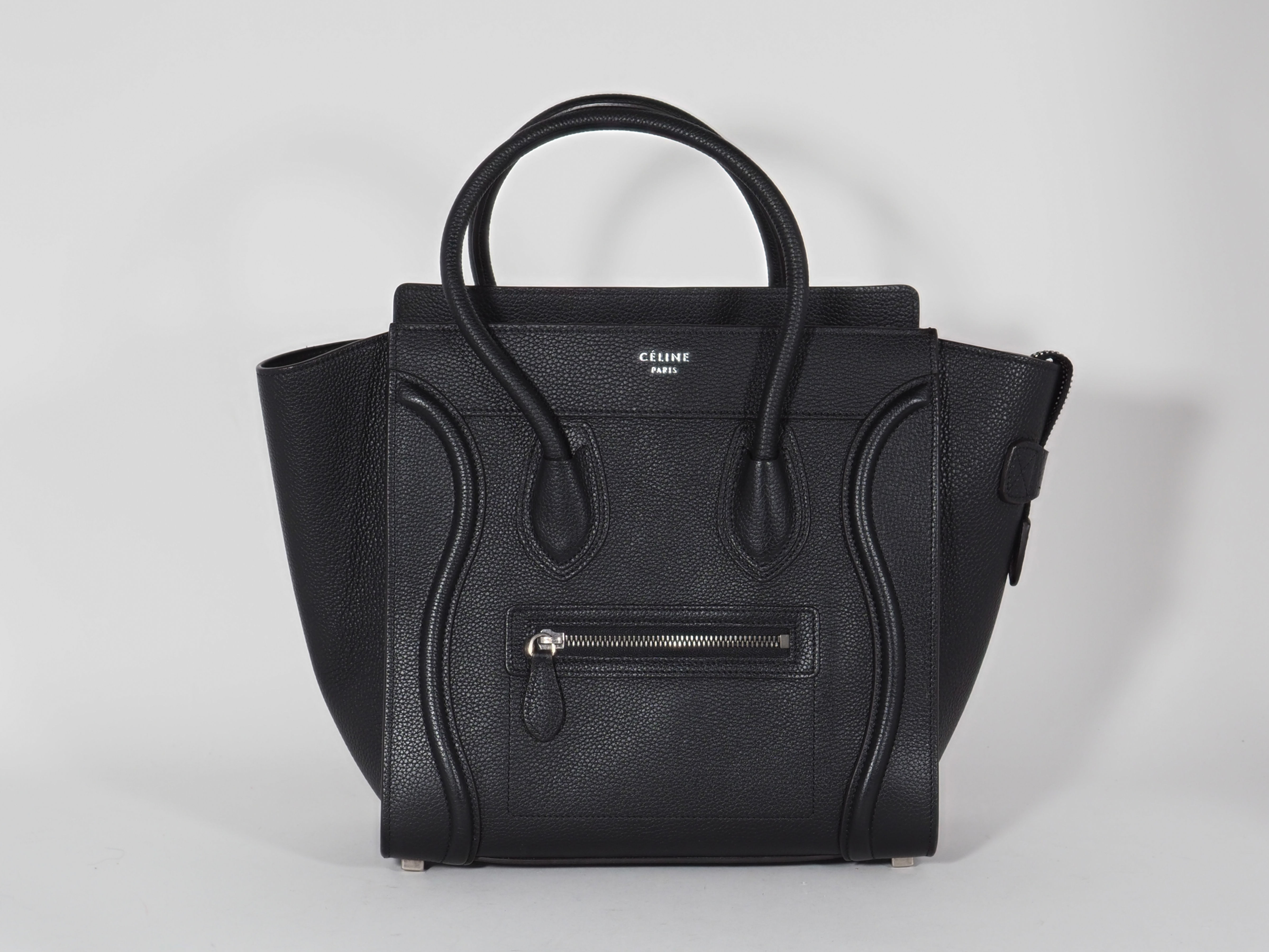 Celine Nano Luggage Black Drummed Leather Tote Bag Silver Hardware