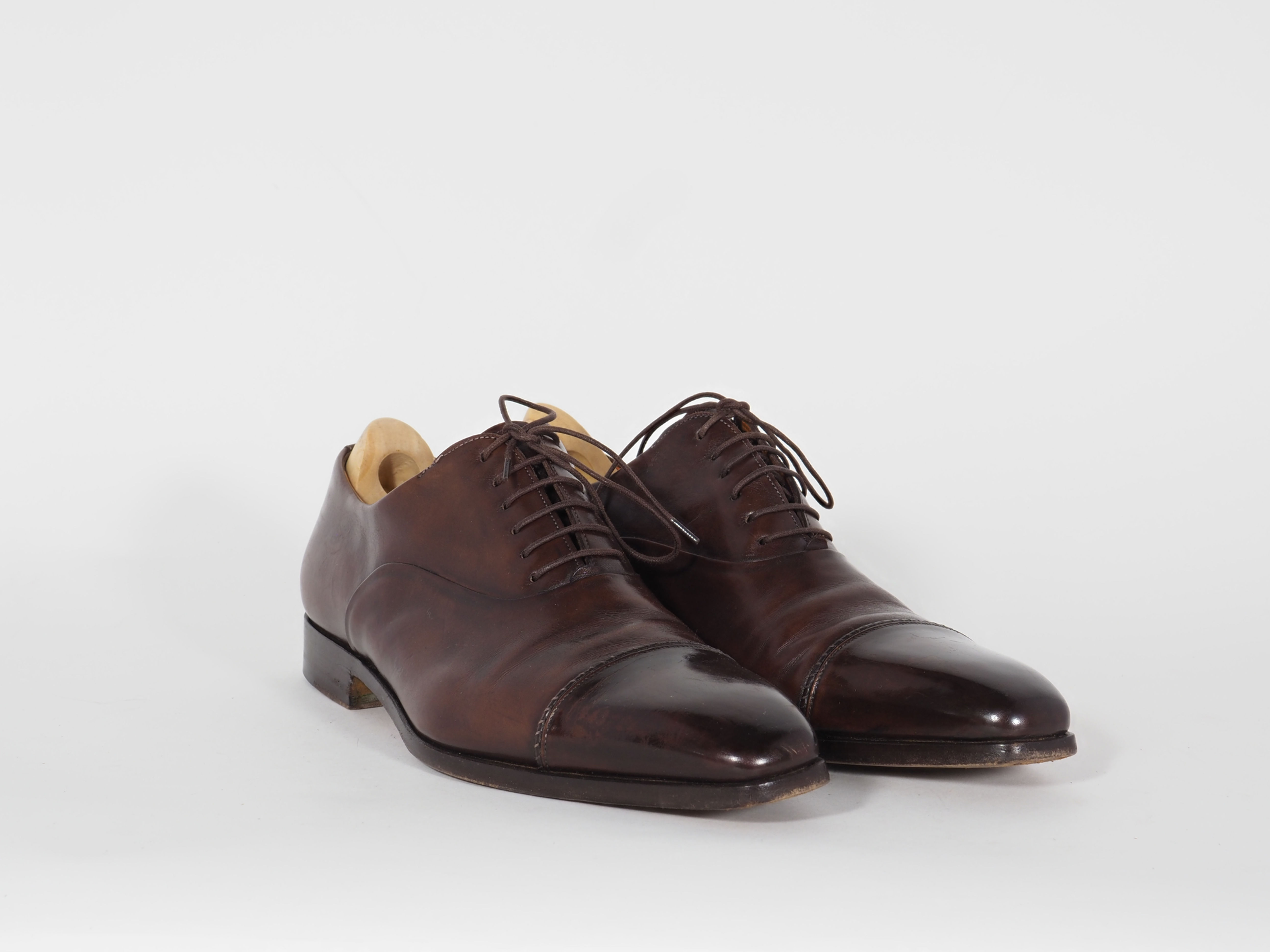 Santoni Dark Brown Leather Oxford Baroque Details Dress Shoes Size UK 8.5 9.5 US