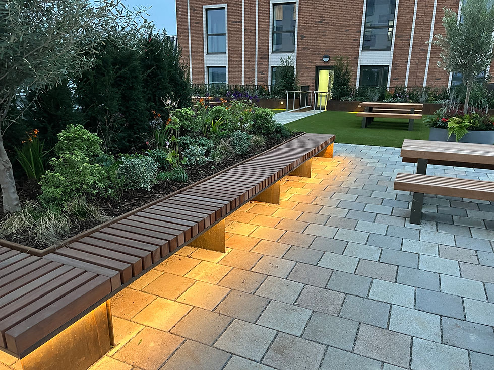 Modern rooftop garden with lit wooden benches and greenery.