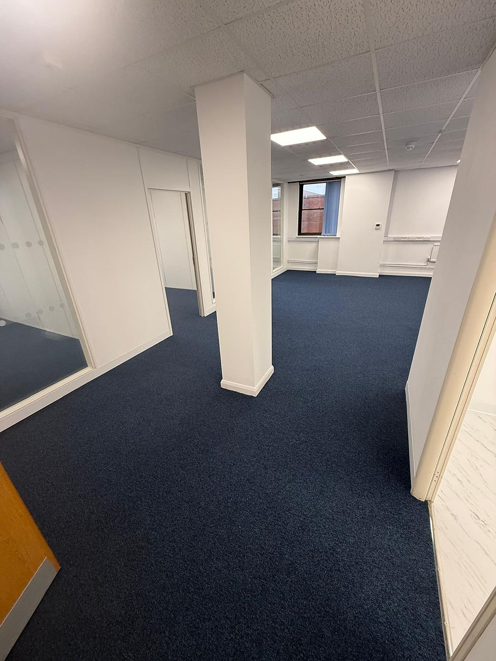 Empty office space with blue carpet and white pillars