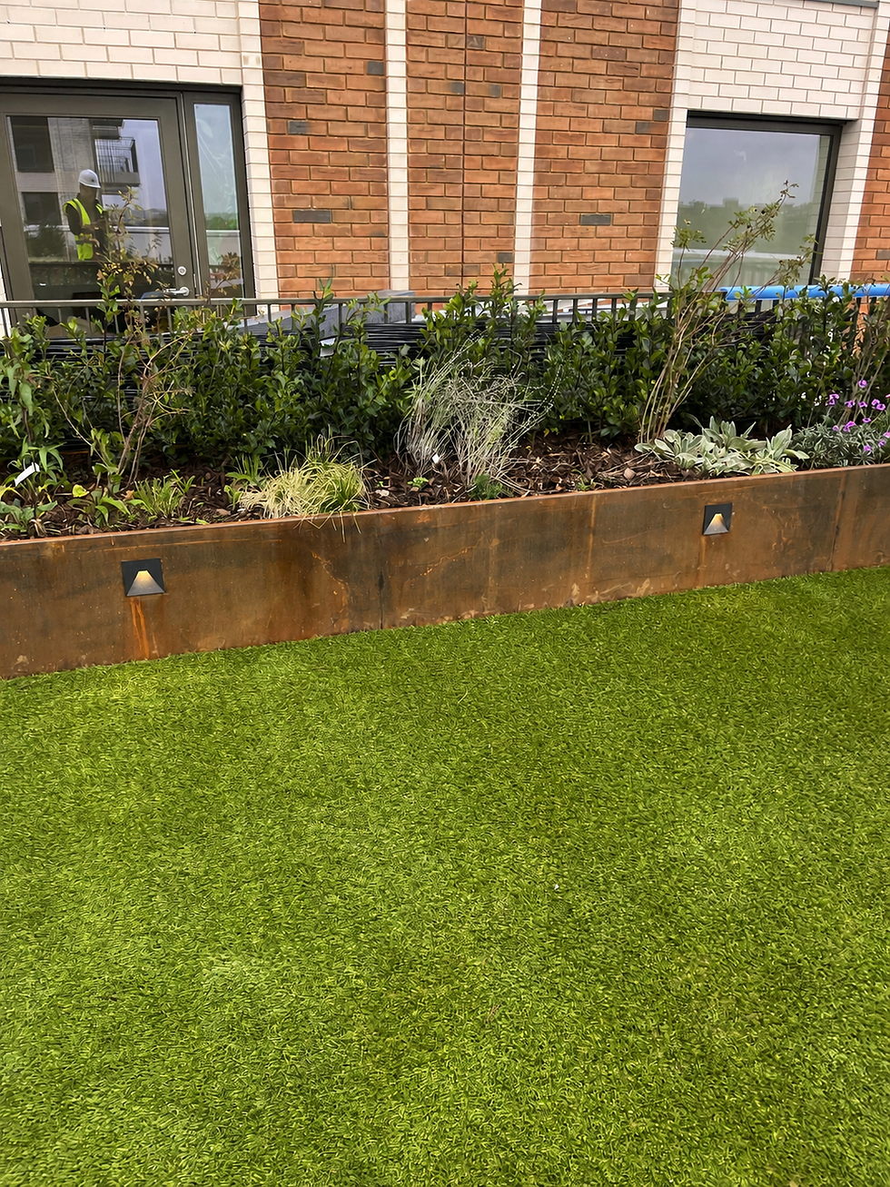 Landscaped garden bed with stone wall and lawn.