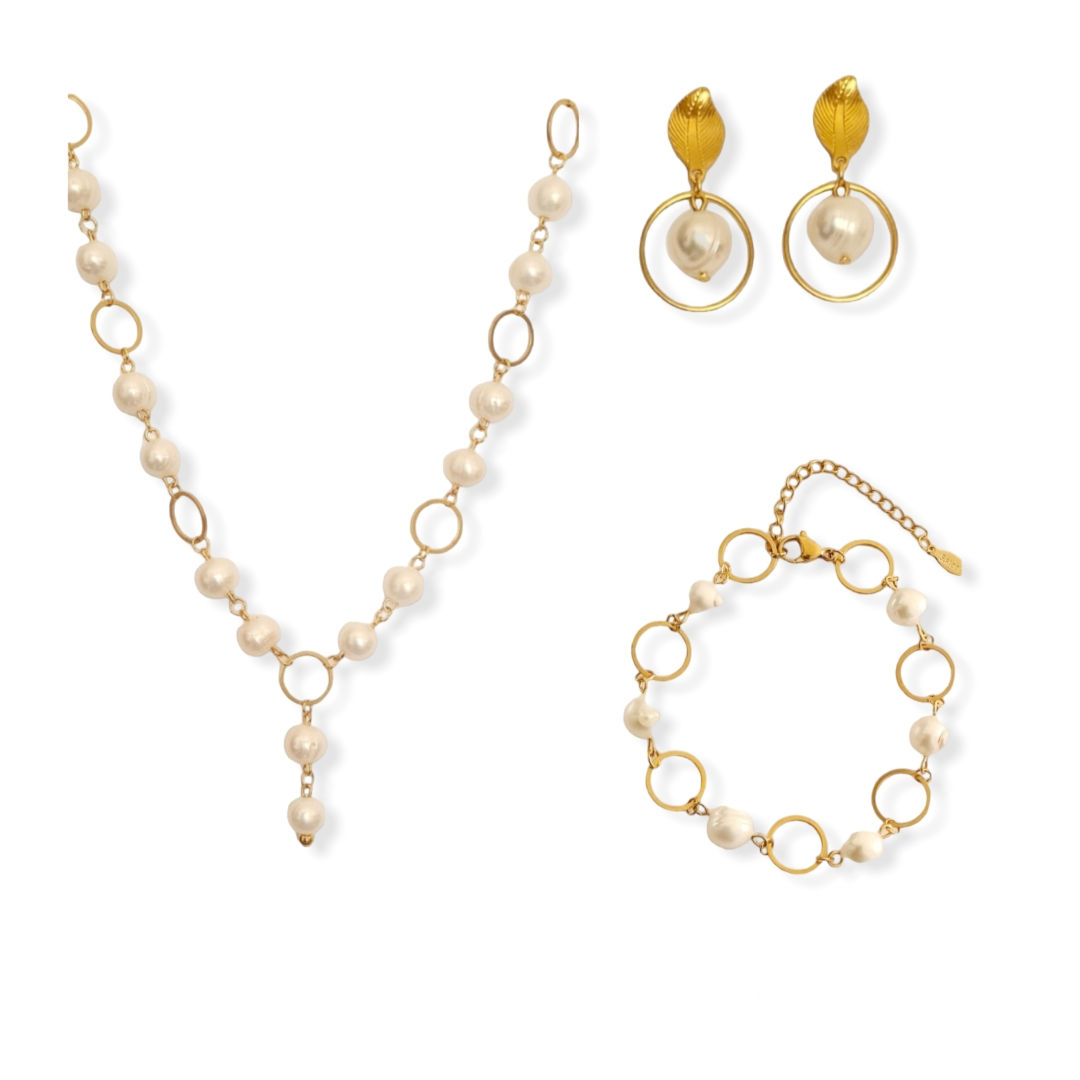 Gold Stainless Steel and Freshwater Pearl Set