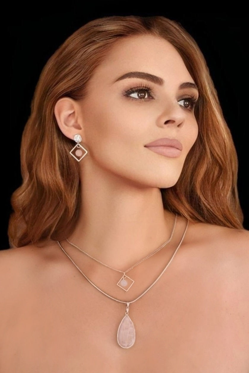 Thumbnail: Stainless Steel Double Layered Rose Quartz Necklace with matching Earrings