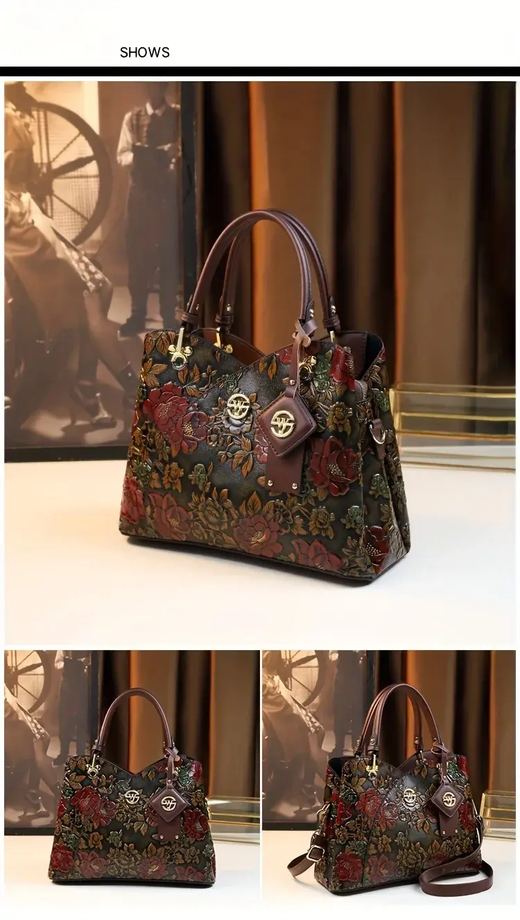 Thumbnail: Vintage Flower Pattern Handbag, Luxury PU Leather Tote Bag, Fashion Crossbody Ba