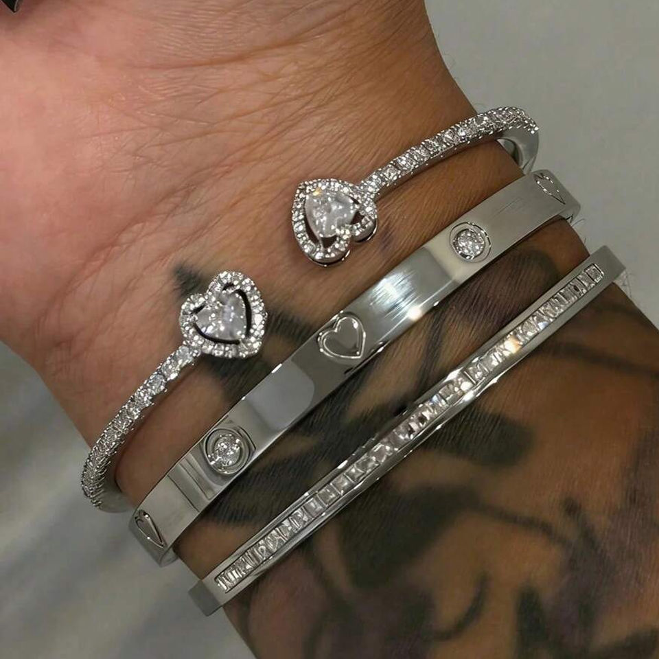 Thumbnail: 18K Gold Plated Stainless Steel Heart Bracelet Set Fashion Zirconia
