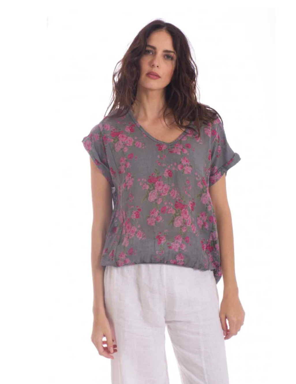 Italian Linen Floral Tee - Grey