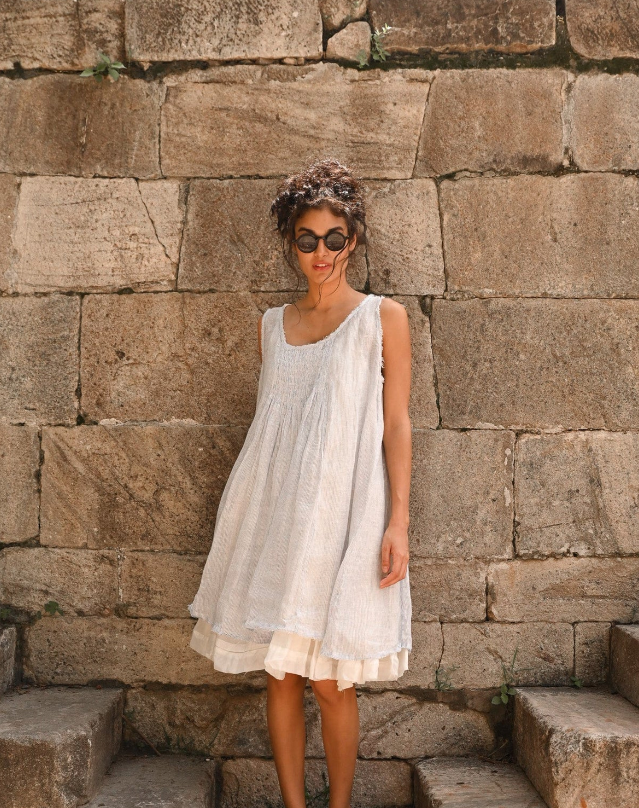 MegbyDesign Sofia Dress - Gauze Linen in Blue Pin Stripe