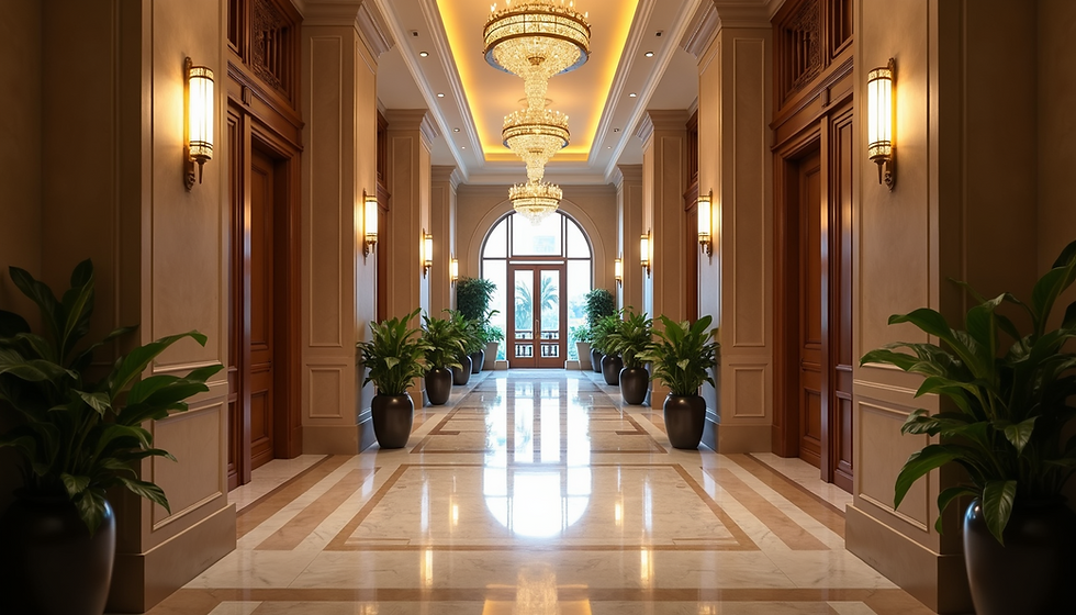 Elegant hotel hallway with grand chandelier