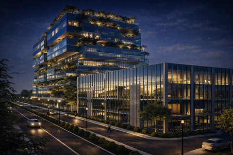 Luxury architecture and interior design India for modern office buildings at night.