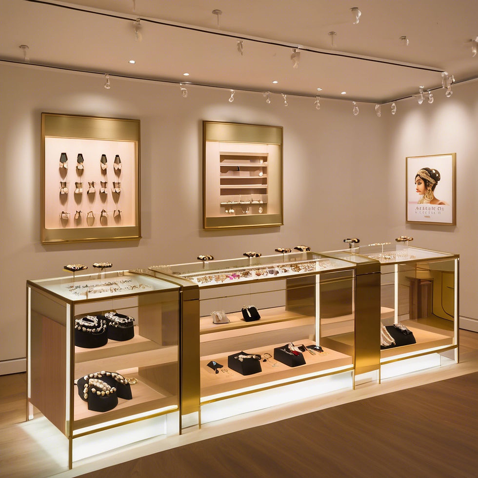 Luxury jewelry display case, showcasing earrings and necklaces. Retail interior design.