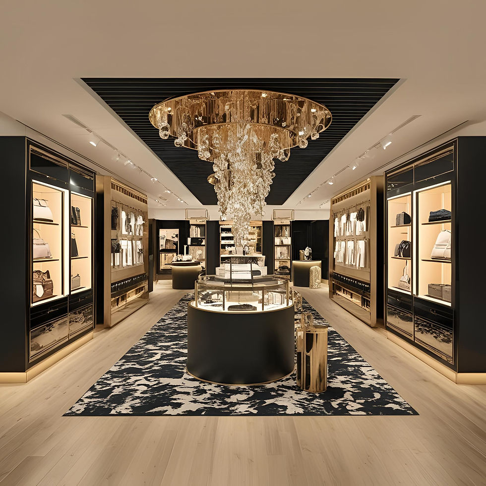 Luxury retail store interior: Crystal chandelier, display cases, MYaestra design
