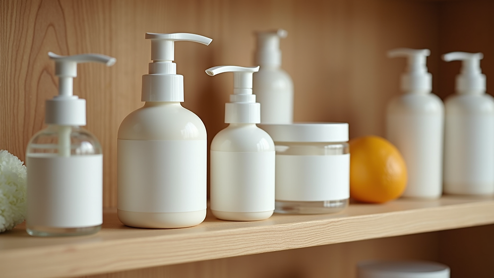 Close-up view of a variety of natural cleaning products on a wooden shelf