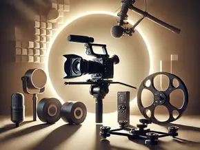 Camera gear including a cinema camera, audio recorder, boom mic, drone and film reel.