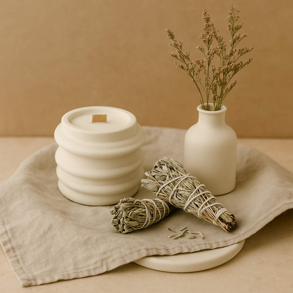 Aşk Ritüel Seti – Spiral Mum, Beyaz Adaçayı Tütsü ve Çiçekli Mini Vazo