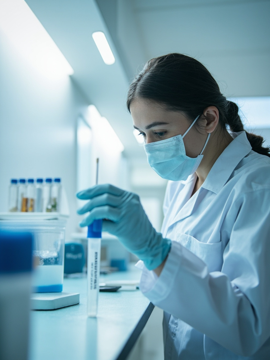 Profissional de luvas coletando amostra com swab