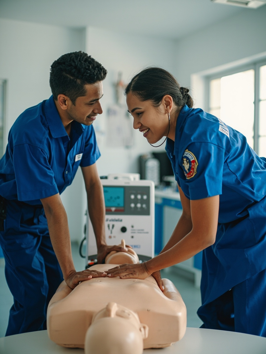 Socorristas treinando reanimação cardiopulmonar em manequim