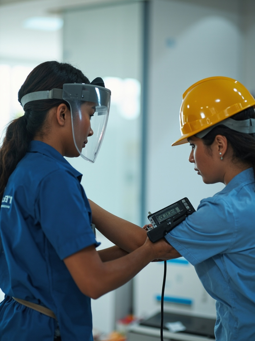 Técnica de enfermagem atendendo trabalhador em ambulatório de empresa