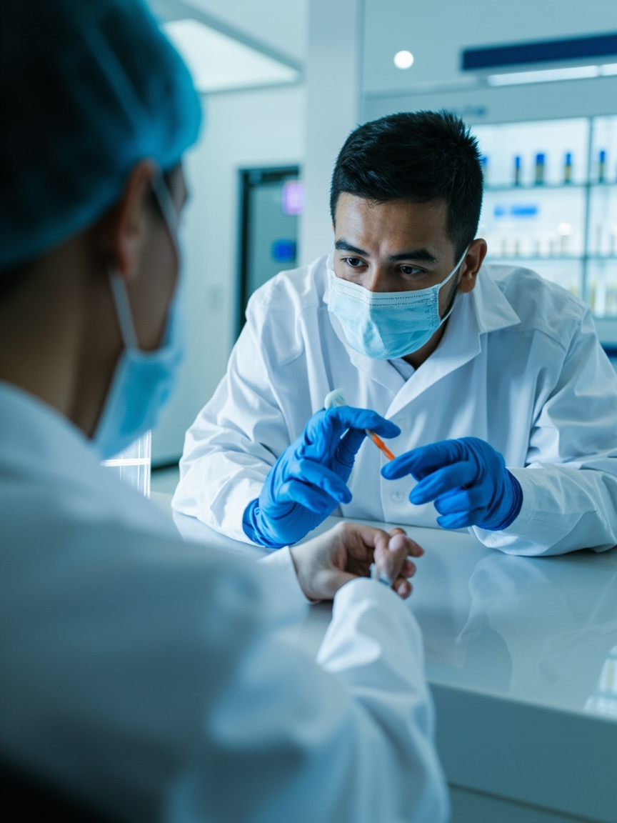 Farmacêutica aplicando injeção em sala de serviços da farmácia
