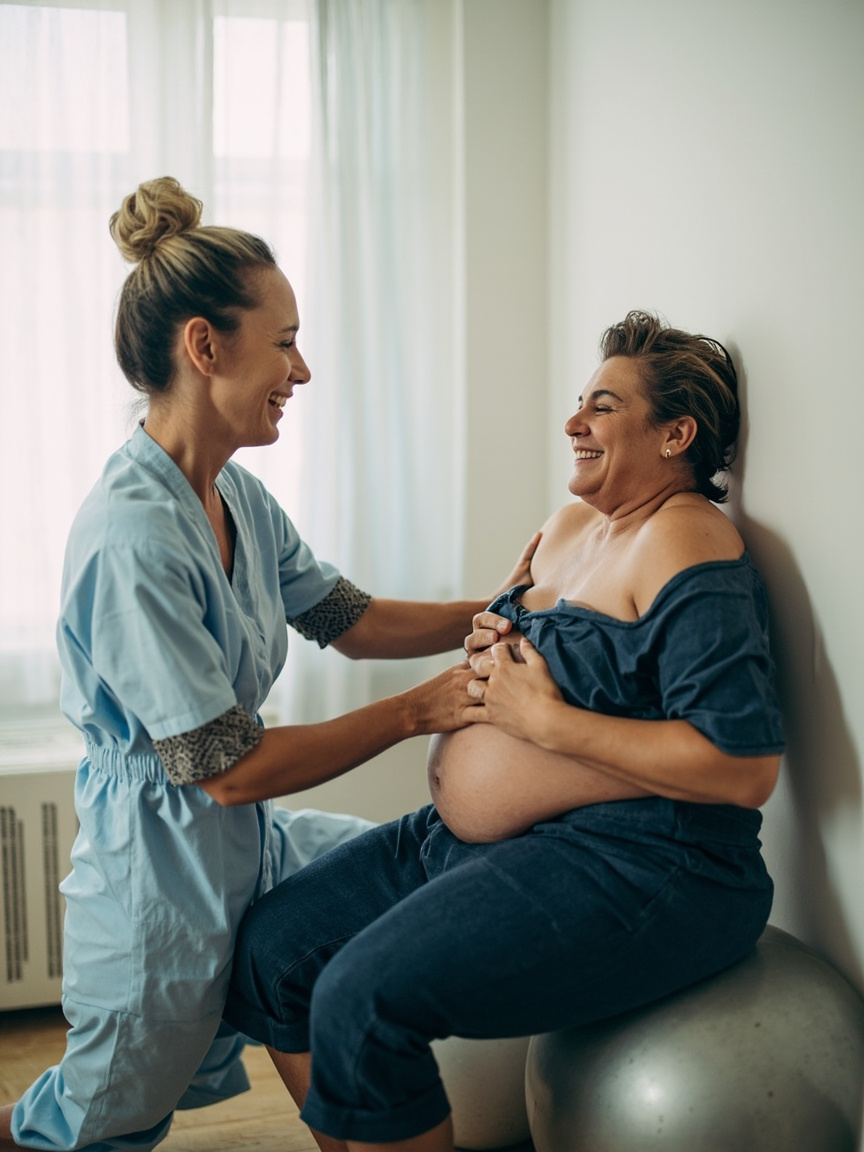 Doula apoiando gestante com bola de pilates