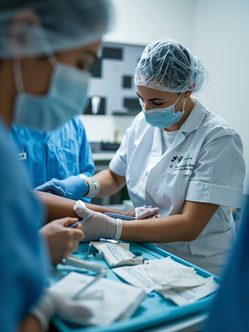 Profissional de enfermagem realizando curativo