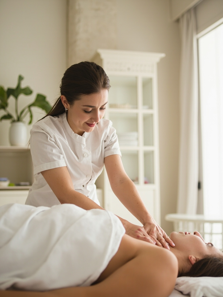 Massoterapeuta realizando massagem nas costas de cliente
