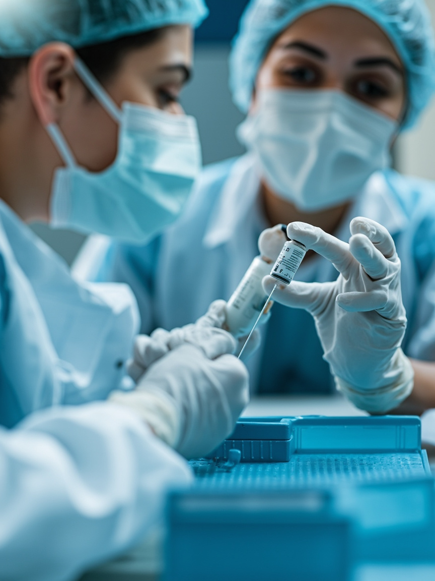 Profissional preparando medicamento injetável em seringa