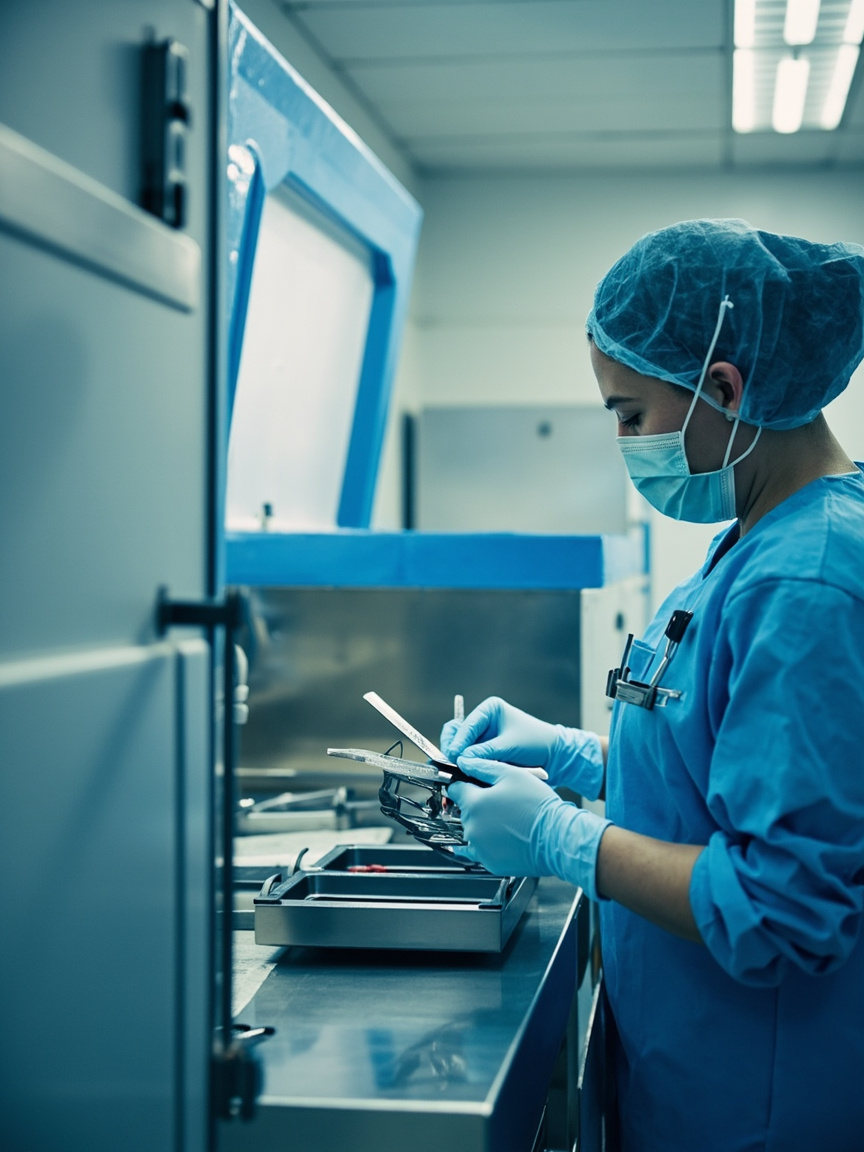 Profissional de CME preparando materiais para esterilização