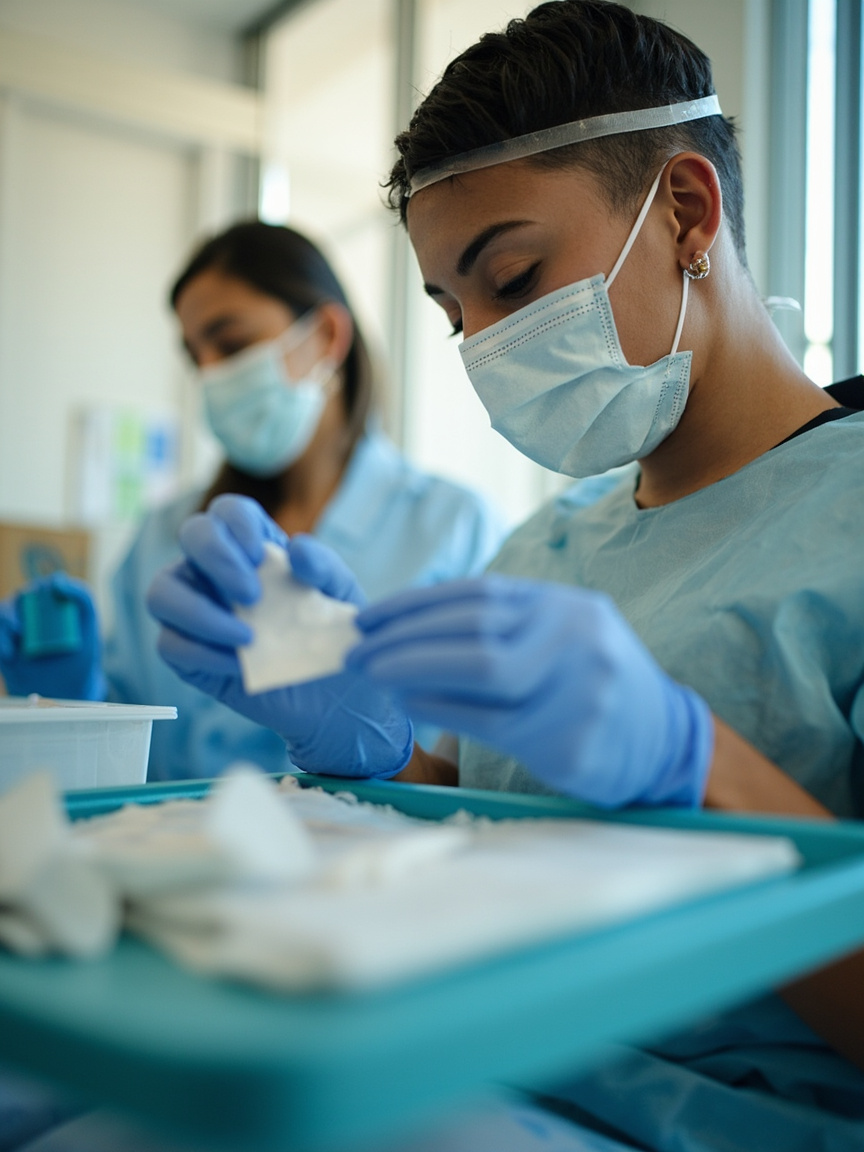Profissional de luvas preparando materiais para perfuração de orelha