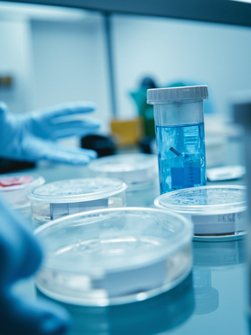 Placas de Petri com culturas bacterianas em laboratório