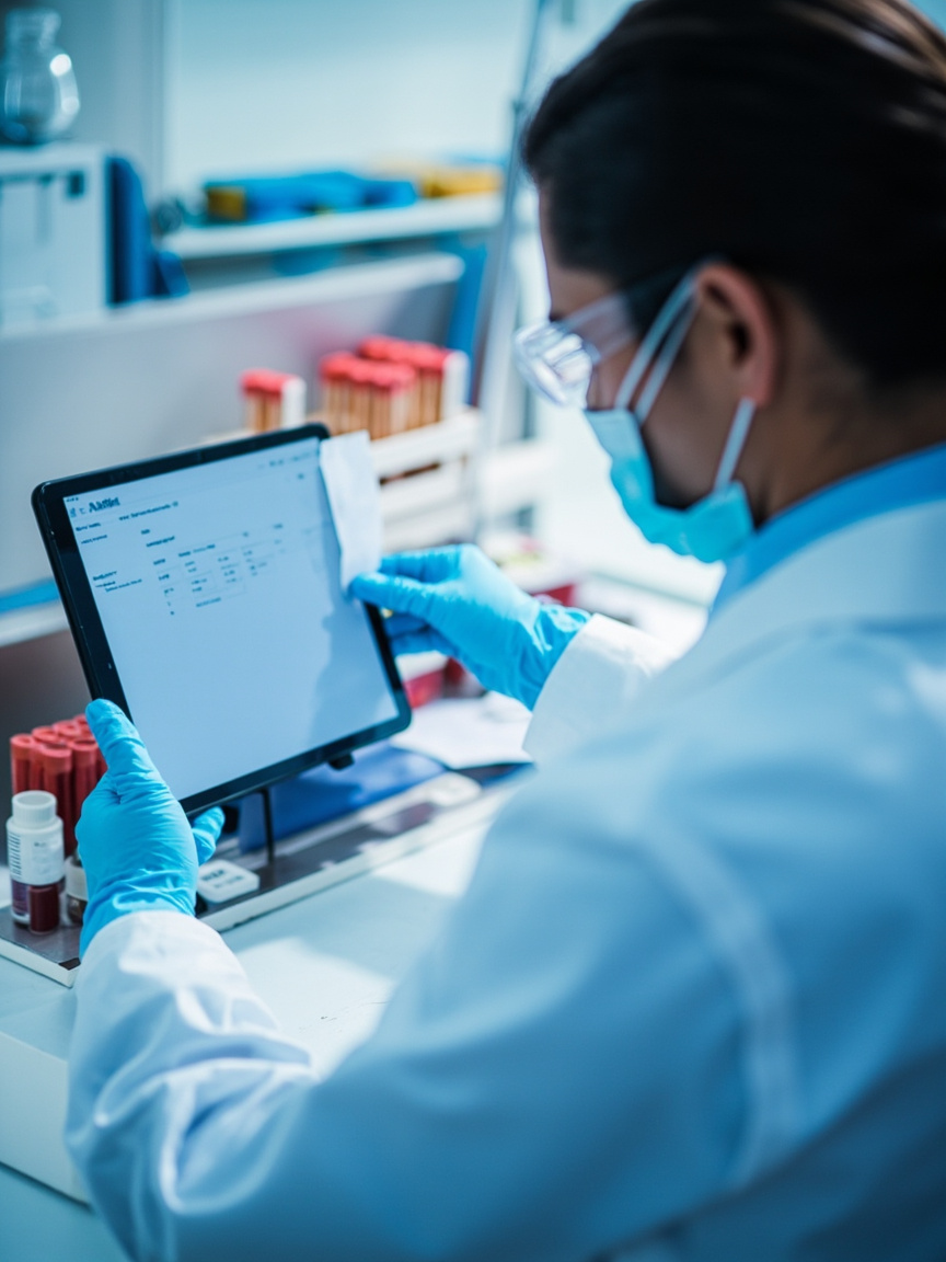 Profissional analisando resultados de exames laboratoriais
