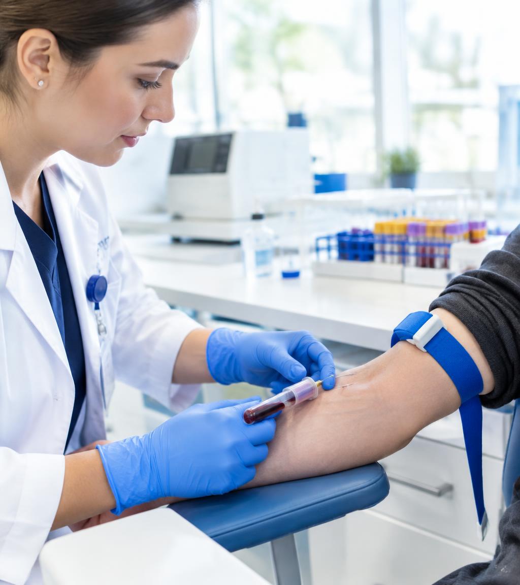 Profissional de saúde com luvas realizando coleta de sangue no braço de um paciente em laboratório