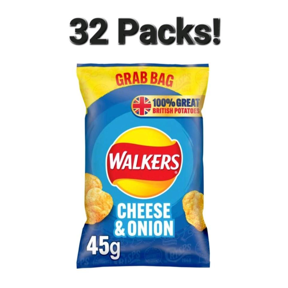 32 packs Walkers Cheese & Onion crisps, 45g