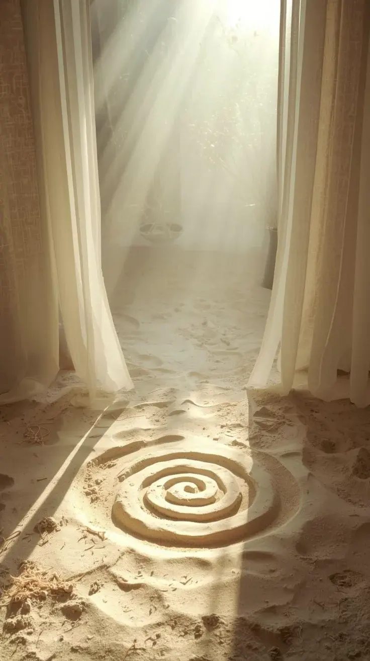 Passaggio di sabbia con spirale incisa e luce sacra