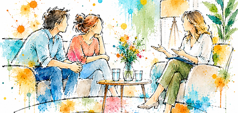 Farbenfrohe Illustration von Menschen im Gespräch – passend zum Thema Elternberatung, Paarberatung, Trennung