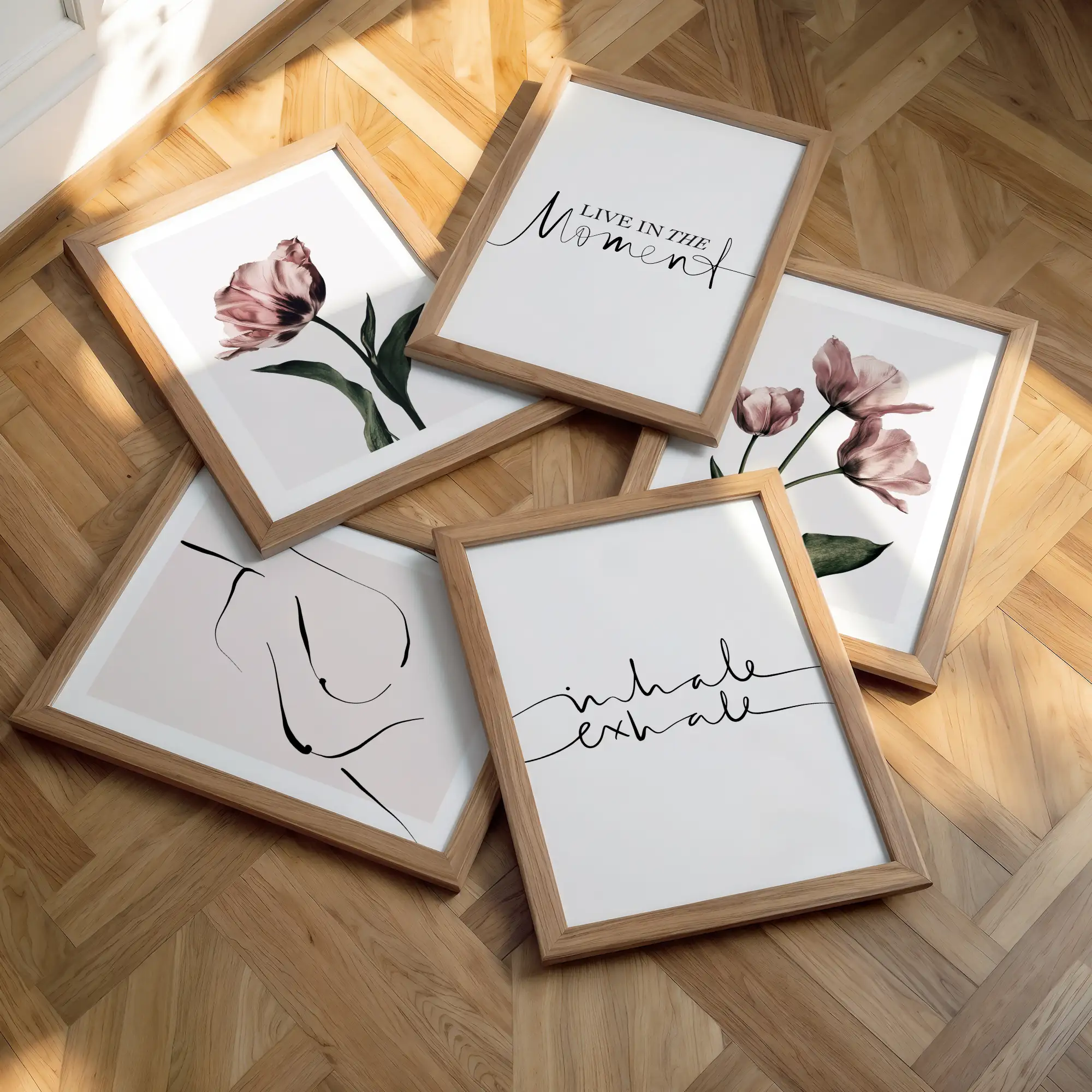 Poster Inhale Exhale, Live in the Moment,  Line Art, Tulpen