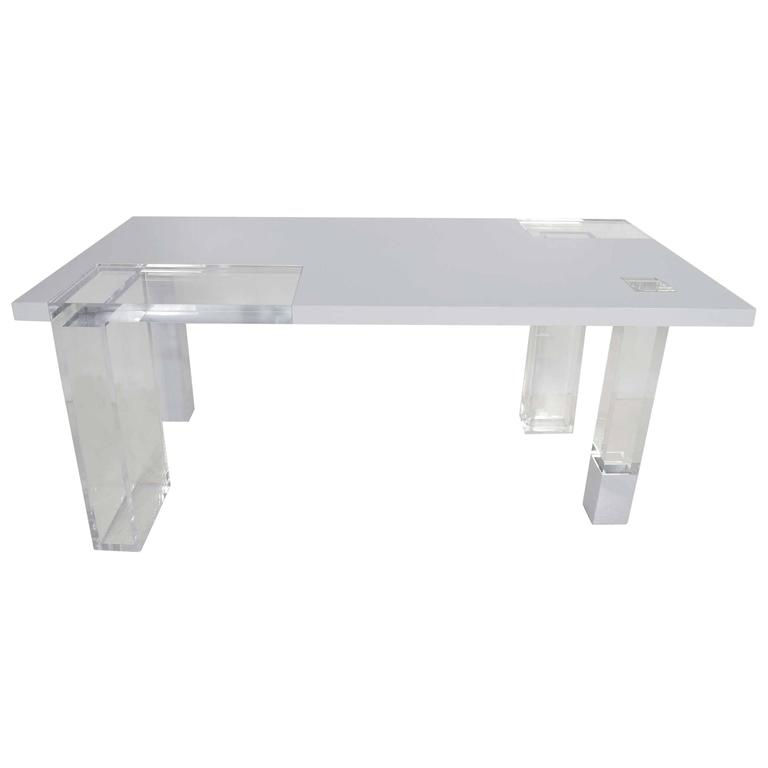 Unique Signed Lucite and White Lacquer Desk or Table circa20c modern lead